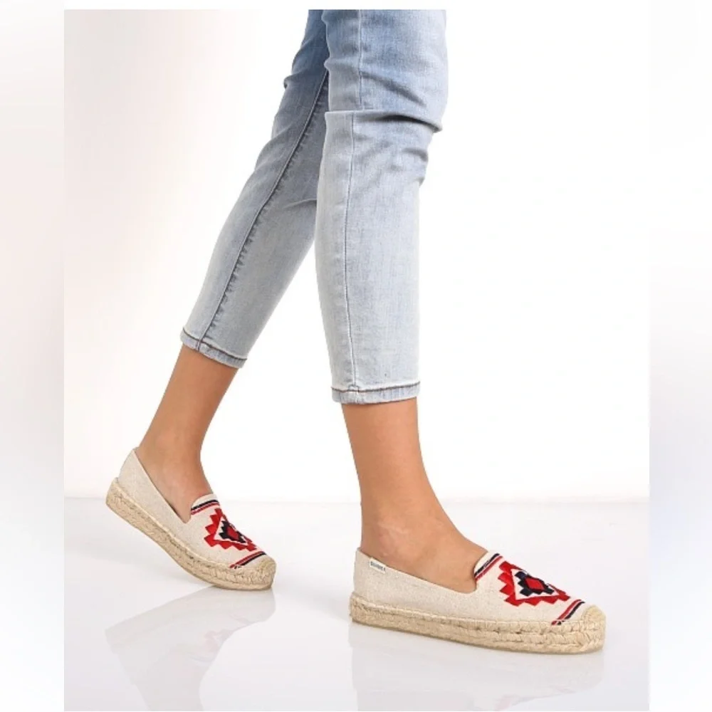 Soludos Boho Embroidered Platform Espadrilles Flats Driving Shoes Cream Red 7